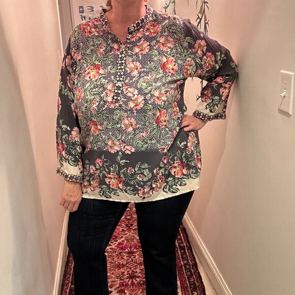 Johnny Was Tops - Johnny Was Silky Floral Tunic with Embroidery Accents Size 1X